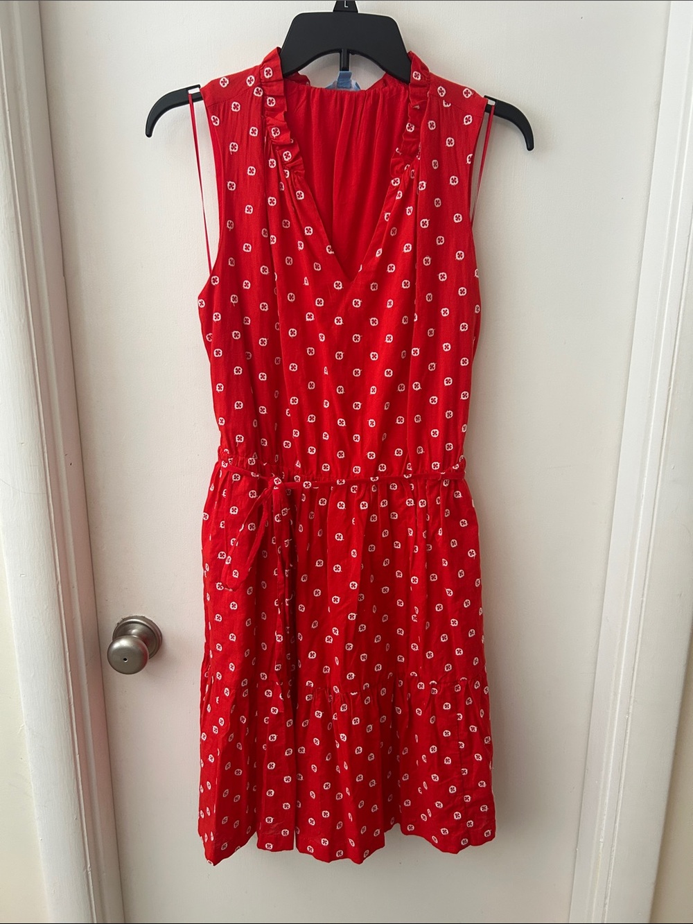 Draper James Red Sleeveless Tiered Midi Dress with White Polka Print and Pockets